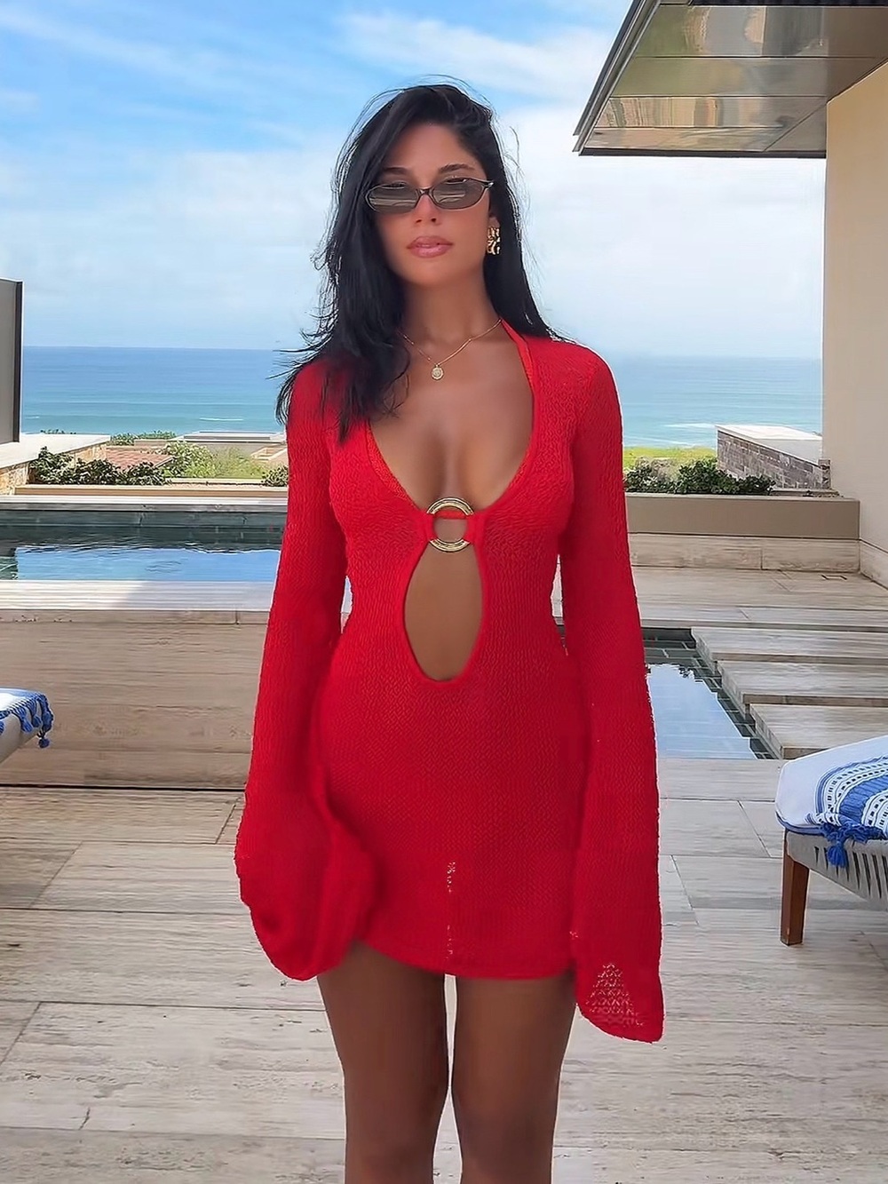 Monday Swimwear Red Crochet Long Sleeve Mini Cover-Up